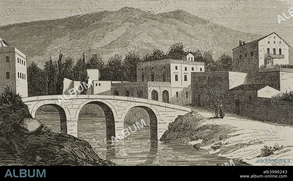 España, Cataluña, Arbucias. Vista de la entrada al pueblo. Grabado. Crónica General de España, Historia Ilustrada y Descriptiva de sus Provincias. Cataluña, 1866. Biblioteca Histórico Militar de Barcelona. Cataluña, España.