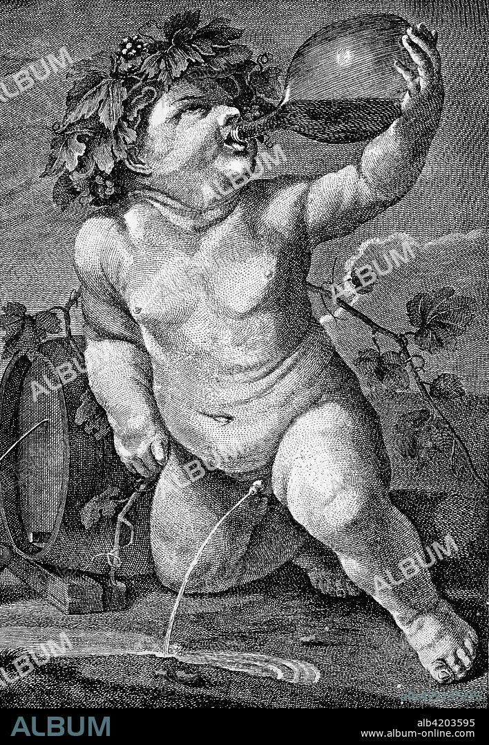 Drinking bacchus boy, naked, copper engraving after a painting by Guido Reni, boy drinking from a wine bottle and urinating, publication from the year 1882.