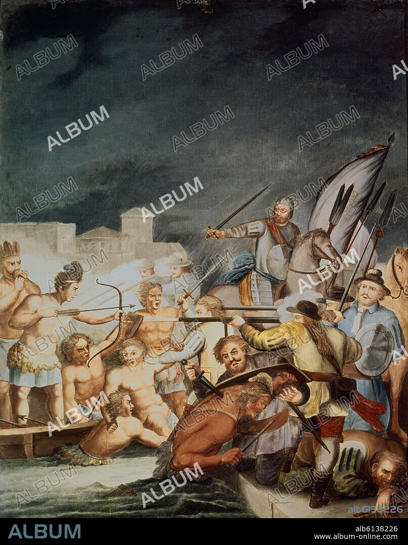 ANONYME. CONQUISTA DE MEXICO-LA NOCHE TRISTE- 1520 - PINTADO EN COBRE- S XVIII.