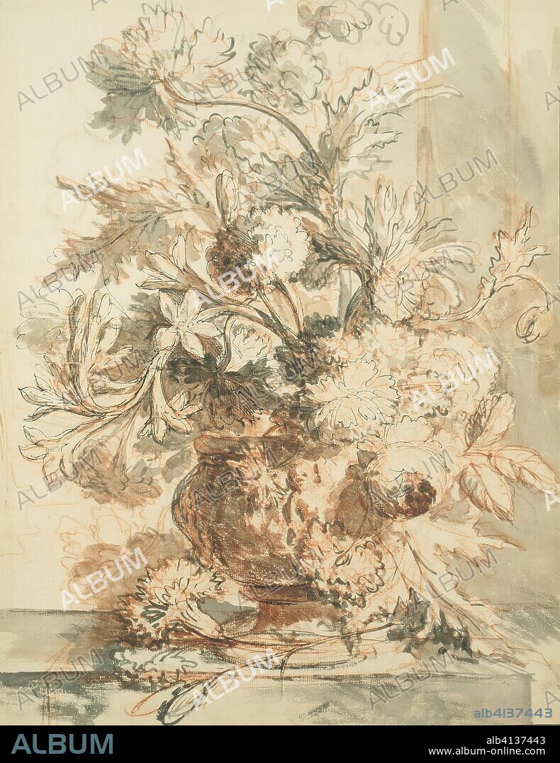 Flowers in an Urn Decorated with Putti, on a Plinth. Jan van Huysum; Dutch, 1682-1749. Date: 1700-1749. Dimensions: 385 x 299 mm. Pen and black ink and brush and black and brown ink washes over red chalk on cream laid paper. Origin: Holland.