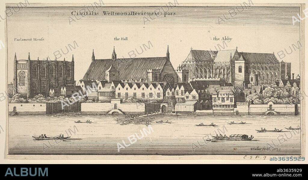 Ciuitatis Westmonasteriensis pars (Westminster from the River). Artist: Wenceslaus Hollar (Bohemian, Prague 1607-1677 London). Dimensions: Plate: 5 7/8 × 11 1/4 in. (15 × 28.5 cm). Series/Portfolio: London views
Four plates. Date: 1647.
View of Westminster Abbey from across the Thames, Parliament on the left the Hall and Westminster stairs at center, boats on the river.