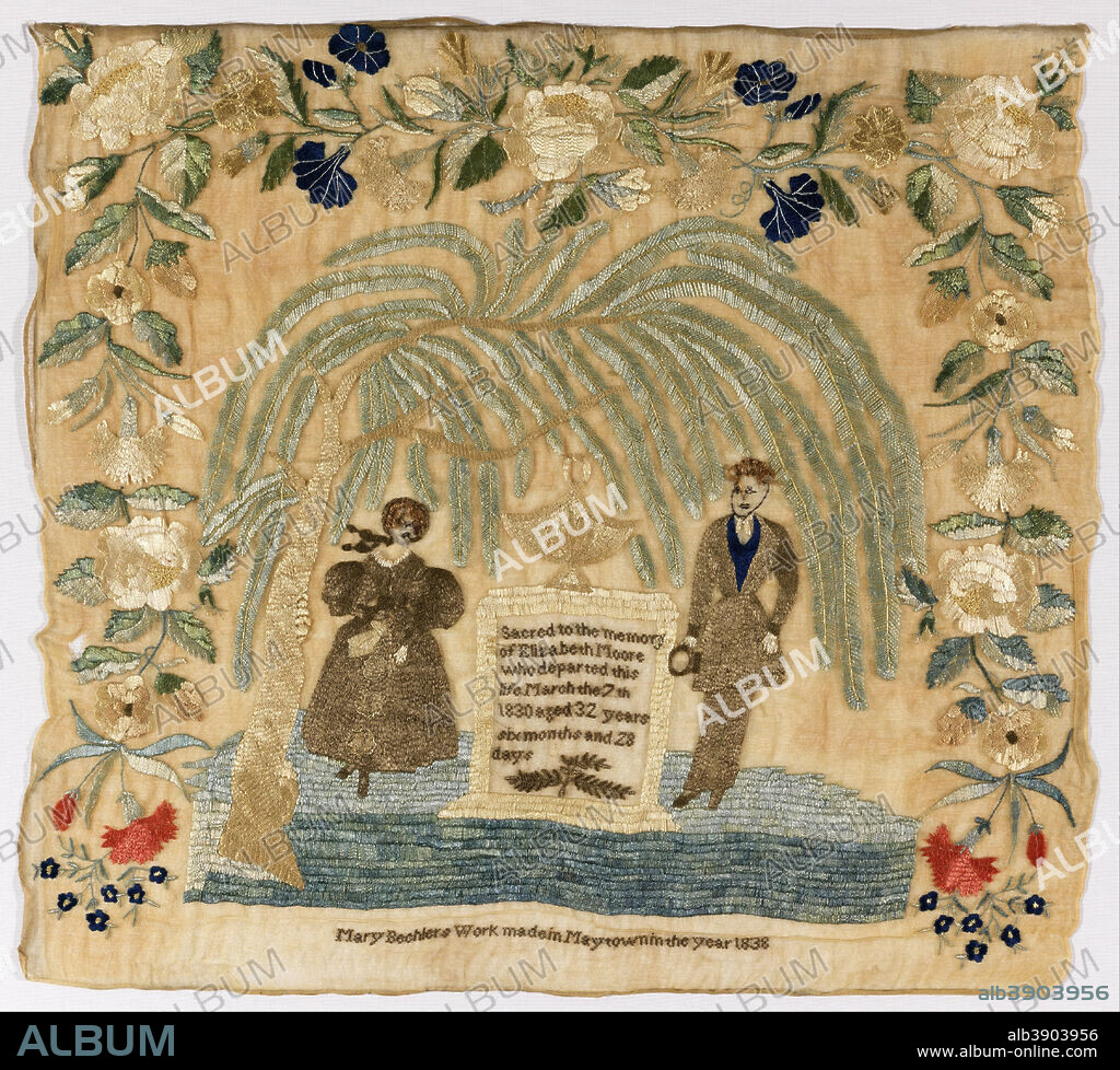 MARY BECHLER. Mourning sampler. Date/Period: 1838. Mourning sampler. Medium: silk and human hair embroidery on linen foundation. Technique: embroidered on plain weave foundation. Height: 435 mm (17.12 in); Width: 480 mm (18.89 in).