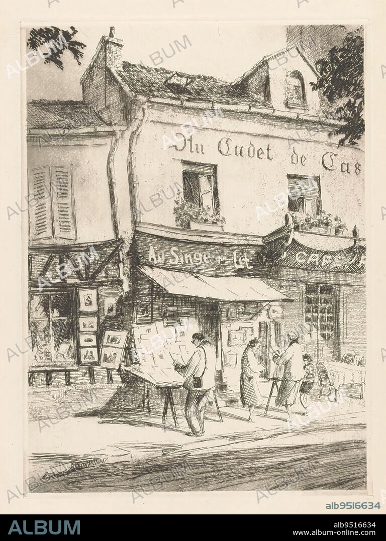 Bookstore Au Singe qui lit in Paris, View of the exterior of the bookstore, located in hotel Au Cadet de Cascogne at Place du Tertre. A man, two women and a child view prints displayed outside under a canopy., print maker: anonymous, c. 1908 - c. 1935, paper, etching, drypoint, height 239 mm × width 175 mm.