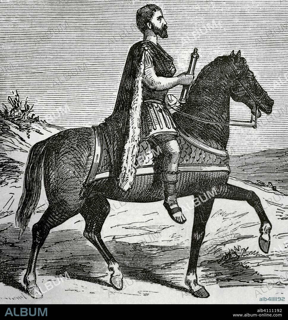 Hispania. Pueblo Visigodo. Optimate (noble) Godo. Grabado. Crónica General de España, Historia Ilustrada y Descriptiva de sus Provincias. Castilla-La Nueva, 1869. Biblioteca Histórico Militar de Barcelona. Cataluña, España.