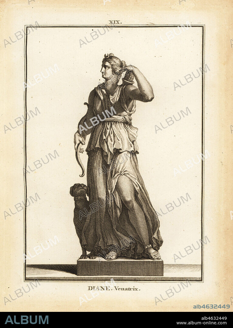 Statue of Diana Venatrix, Roman goddess of the hunt, with bow, arrow and quiver. Copperplate engraving by Francois-Anne David from Museum de Florence, ou Collection des Pierres Gravees, Statues, Medailles, Chez F.A. David, Paris, 1787. David (1741-1824) drew and engraved the illustrations based on Roman statues, engraved stones and medals in the collection of the Museum de Florence and the cabinet of curiosities of the Grand Duke of Tuscany.