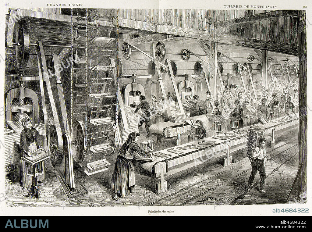 Fabrication des tuiles. Illustration anonyme pour Tuileries de Montchanin (Saone et loire) repris dans Les grandes usines par TURGAN 1867. Credit : Jean Vigne / Kharbine-Tapabor.