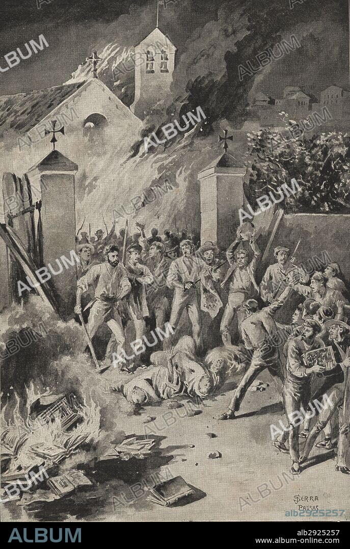 España. Catalunya. Revolución de Barcelona en 1835. Incendio, saqueo y matanza de frailes capuchinos en Barcelona. Grabado de 1890.
