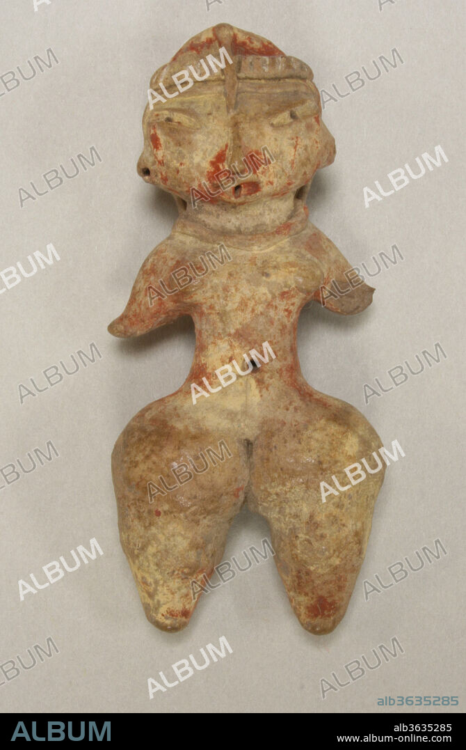 Female Figure. Culture: Tlatilco. Dimensions: H. 2 15/16 in. (7.4 cm). Date: 12th-9th century B.C..
This solid, hand-modeled ceramic figurine is buff in color and painted with a red pigment. She has bulbous thighs and stunted, splayed arms, and a pair of long braids extends down her back. Although the figure's navel, mouth, and right ear appear to be pierced (perhaps to support removable jewelry), her only adornment is a coiled necklace that conforms to the thick contours of the neck. 
Sculpted some three millennia ago in the Valley of Mexico, this figurine belongs to a group of ceramic effigies known collectively as the Tlatilco "pretty ladies." Depicting females with large heads, small waists, and prominent hips, these handheld sculptures present a fairly standardized body type and are typically fired to red, buff, or brown tones. As the popular embodiments of an ideal feminine form, the Tlatilco "pretty ladies" are part of a centuries-long tradition in which eccentricities and religious imagery predominate. Featuring hunchbacks, dwarfs, contorted acrobats, two-headed women, and conjoined twins, the corpus of Tlatilco figurines encompasses the full gamut of human representation.
For generations, Tlatilco was a small farming community located on the fringes of modern-day Mexico City. By the early twentieth century, however, the fields of clay surrounding Tlatilco had become important sites of brick production utilized in the construction and rapid expansion of the nearby Federal District. In 1936, brick workers began unearthing troves of ceramic figurines--later termed "pretty ladies"--that closely resembled others recently discovered by the archaeologist George C. Vaillant (1930). Using what little contextual information he had available to him, Vaillant accurately attributed these works to the Early to Middle Preclassic-period Zacatenco culture (ca. 1500-600 B.C.)--an umbrella term which also included the people of Tlatilco.
Beginning in the 1940s, archaeologists began to study the site of Tlatilco in earnest. Led by the renowned artist, ethnologist, and art historian Miguel Covarrubias, federally funded excavations helped to expose hundreds of ancient burials containing not only "pretty lady" figurines but also rich collections of polychrome pottery, carved jade, and stone tools. The enormous number of durable, finely made objects enabled Covarrubias to establish a more comprehensive typology of Tlatilco works than was previously possible. Through his comparisons of the local ceramic tradition with that of the contemporary Olmec culture, Covarrubias (1957) was able to document a large-scale incursion of Gulf Coast peoples into the area of Tlatilco sometime during the Late Preclassic period (ca. 600 B.C.). As a result, scholars now recognize the Tlatilco people as central players in the interregional, multi-ethnic cultural exchange that came to characterize Central Mexican Highland cultural interactions for the next several centuries.