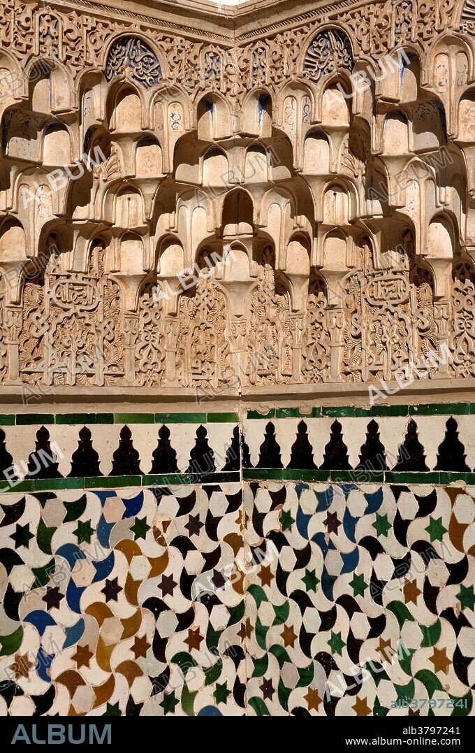 Court of the Myrtles -muqarnas and tiles, Alhambra, Granada, Region of Andalusia, Spain, Europe.