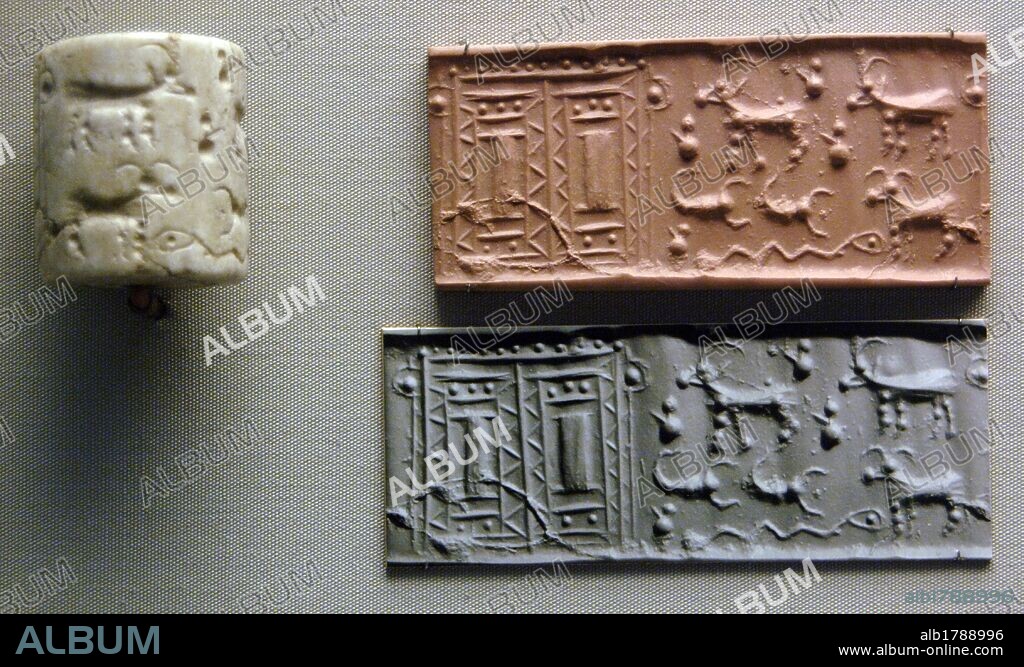 ARTE MESOPOTAMICO. PERIODO JEMDET NASR o YEMDET NASR (3200-3000 a. C). SELLO CILINDRICO de calcita. Procedencia desconocida. Museo Británico. Londres. Inglaterra. Reino Unido.