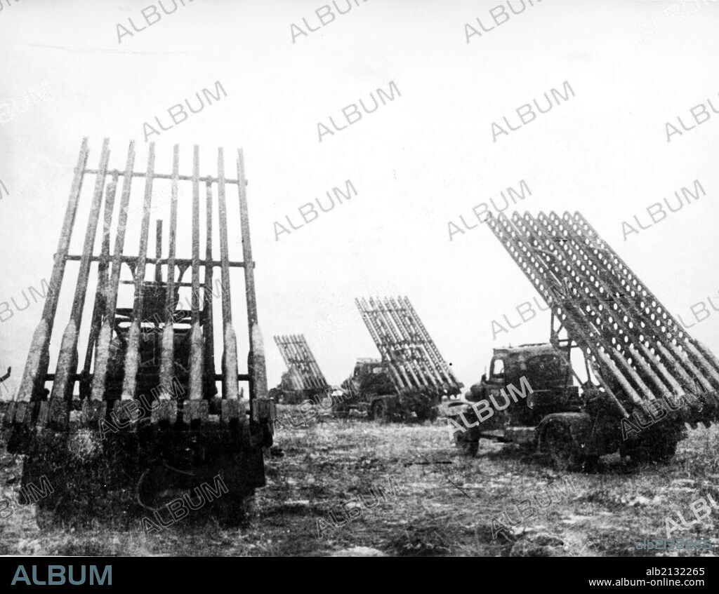 Soviet katyusha rocket launchers at firing positions during world war ll.