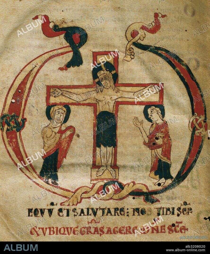Códice. "MISSALE PARVUM". Manuscrito en pergamino de 237 folios. Tamaño: 150 x 120 mm. Procedente de Girona (?). Hacia el 1075-1100. Escrito en letra minúscula carolina. Detalle de la miniatura con la representación de LA CRUCIFIXION. (dv del f. 2v). Museu Episcopal de Vic. Provincia de Barcelona. Comarca de Osona. Cataluña.