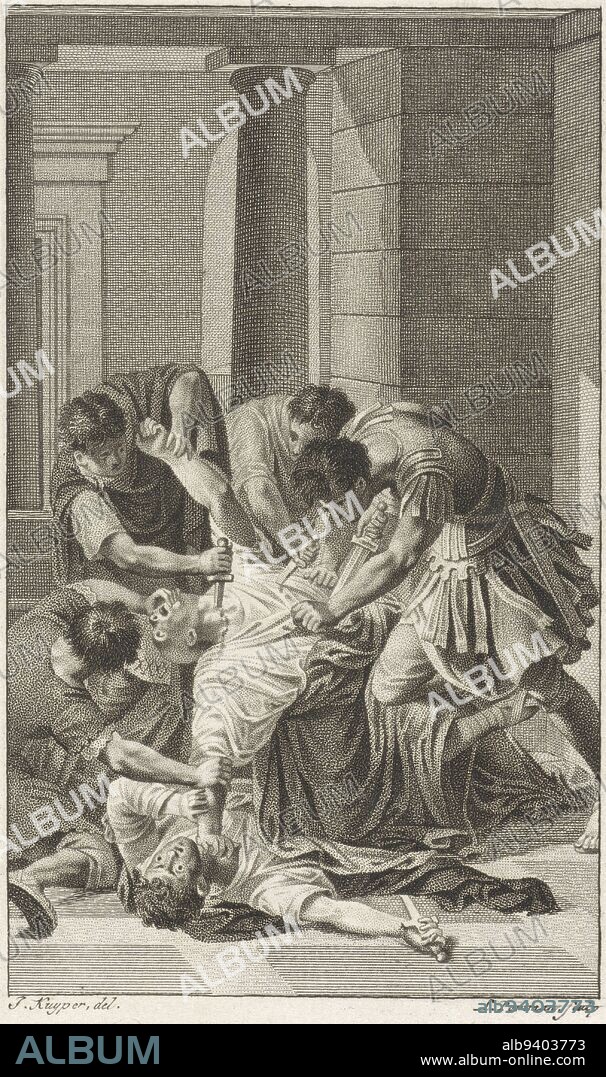 Roman emperor Titus Flavius Domitian is assassinated by members of his own court in his own palace. Assassination of Domitian, print maker: Ludwig Gottlieb Portman, (mentioned on object), intermediary draughtsman: Jacques Kuyper, (mentioned on object), Amsterdam, 1805, paper, etching, h 203 mm × w 138 mm.