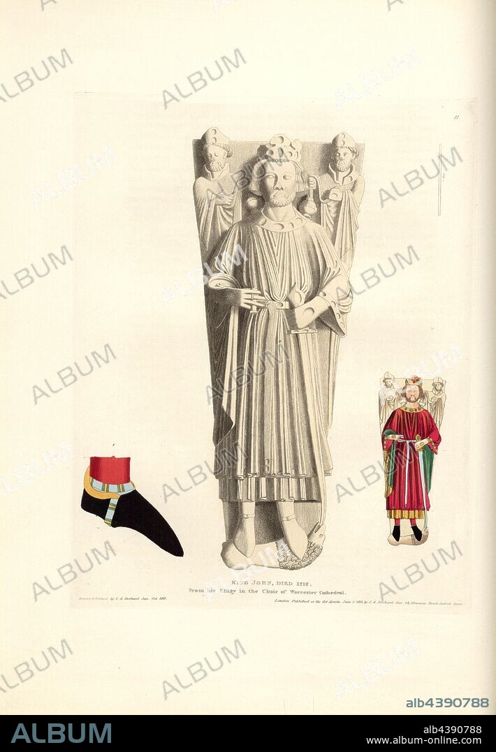 King John, died 1216, from his Effigy in the Choir of Worcester Cathedral, Tomb of John Ohneland (John Lackland), King of England, in the Cathedral of Worcester, signed: Drawn & Etched by C. A. Stothard; Published by C.A. Stothard, Fig. 14, 11, after p. 14, Stothard, Charles, Alfred (drawn, etched and publ.), Charles Alfred Stothard, Alfred John Kempe: The monumental effigies of Great Britain: selected from our cathedrals and churches, for the purpose of bringing together, and preserving correct representations of the best historical illustrations extant, from the Norman conquest to the reign of Henry the Eighth: dedicated by permission to the Prince Regent. London: printed by J. M'Creery [...], 1817-1832.