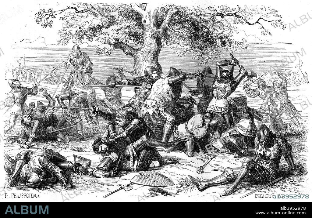 Thirty French knights battle the English, Brittany, France, 1351 (1882-1884).  The Combat of the Thirty (26 March 1351) was an episode in the struggle for the succession to the Duchy of Brittany. It was fought between two groups of thirty knights, squires and men-at-arms and was regarded at the time as epitomising the finest principles of chivalry. The Franco-Breton party led by Sir Jean de Beaumanoir won, with Sir Robert Bramborough, leader of the Anglo-Breton group, killed in the fighting. A print from La France et les Français à Travers les Siècles, Volume I, F Roy editor, Saint-Antoine, 1882-1884.