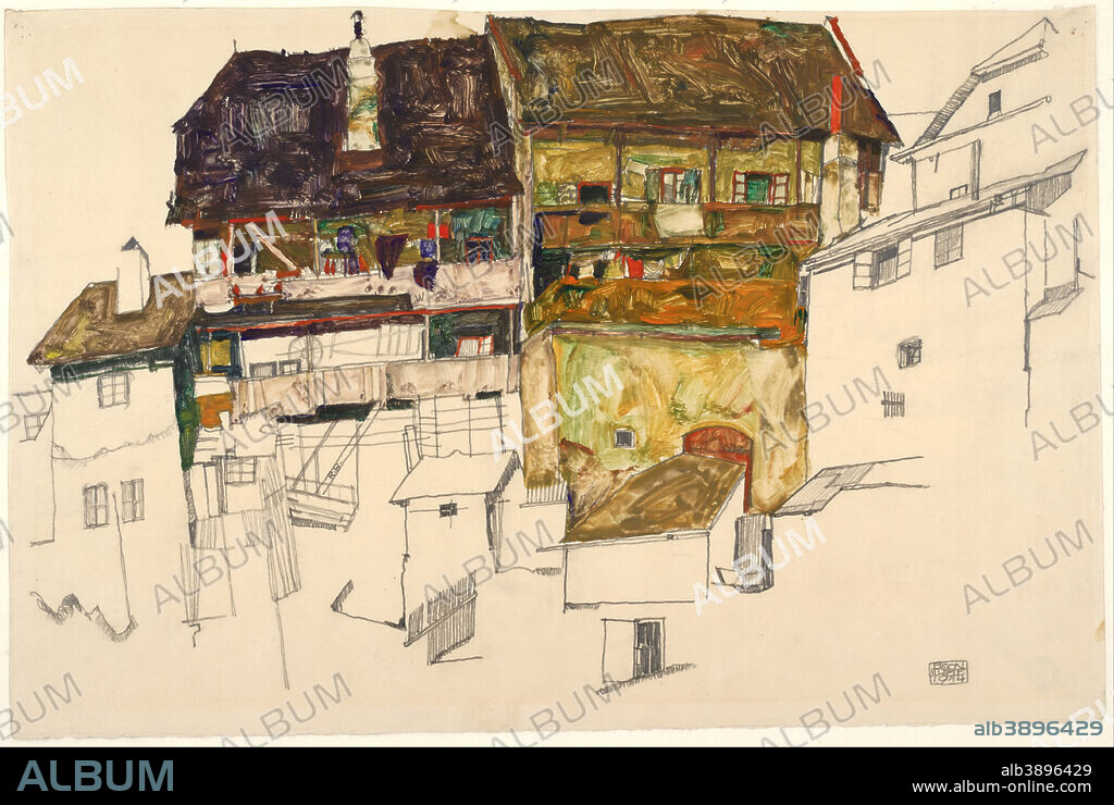 EGON SCHIELE. Old Houses in Krumau, 1914. Date/Period: 1914. Brush, body color, pencil on Japan paper.