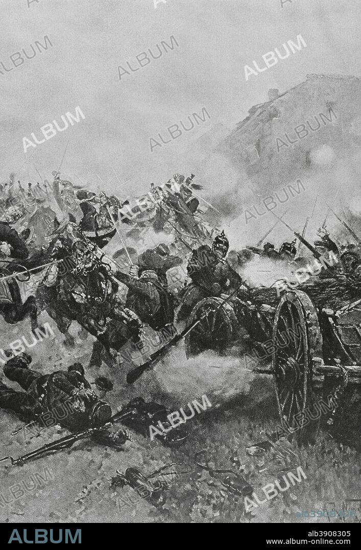 Guerra Franco-Prusiana (1870-1871). Carga de Dragones en Gravelotte, detalle. Grabado. Original por Alphonse Marie de Neuville (1835-1885). En Campagne, por Jules Richard. Obra editada en París en 1885. Biblioteca Histórico Militar de Barcelona. Cataluña. España.