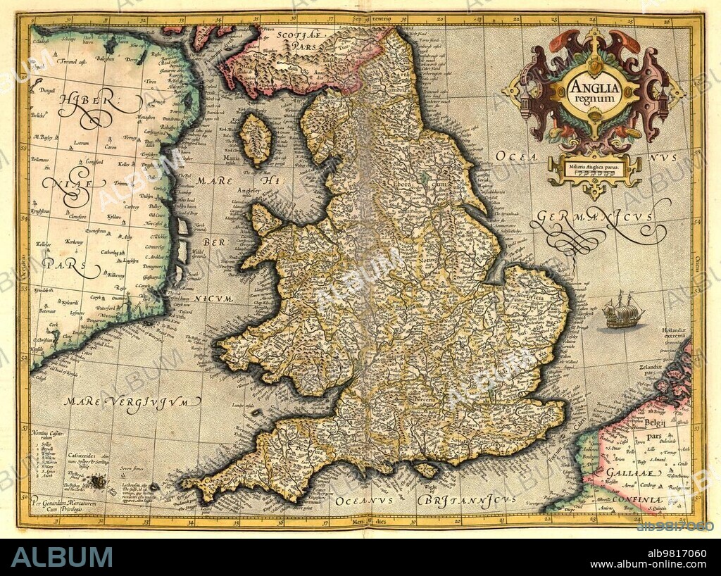 Atlas, map from 1623, England, digitally restored reproduction from an engraving by Gerhard Mercator, born as Gheert Cremer, 5 March 1512, 2 December 1594, geographer and cartographer