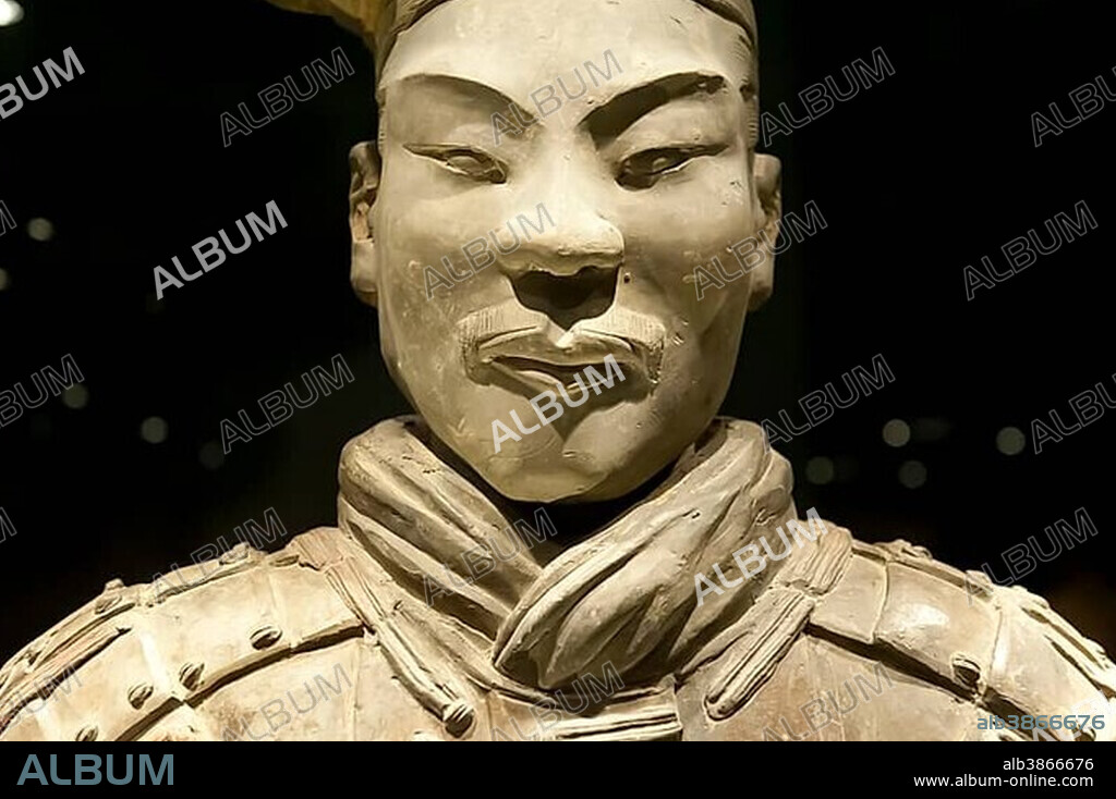 Museum, portrait, standing warrior painted with original colour, Emperor Qin Shi Huang Mausoleum, Terracotta Army, Xi'an, People's Republic of China