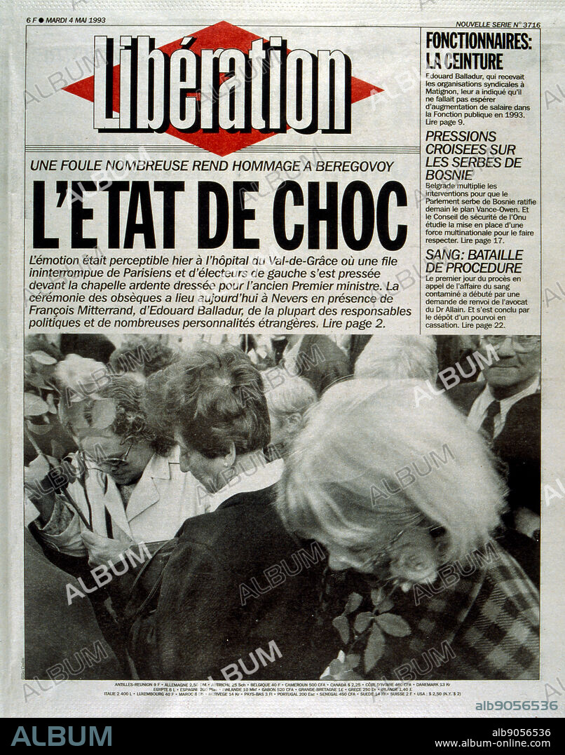 Front page of the French newspaper 'Liberation' after the funeral of Pierre Beregovoy, May 1993. Pierre Eugene Beregovoy (1925 1 May 1993) was a French politician who served as Prime Minister of France under President Francois Mitterrand from 2 April 1992 to 29 March 1993. He committed suicide.
