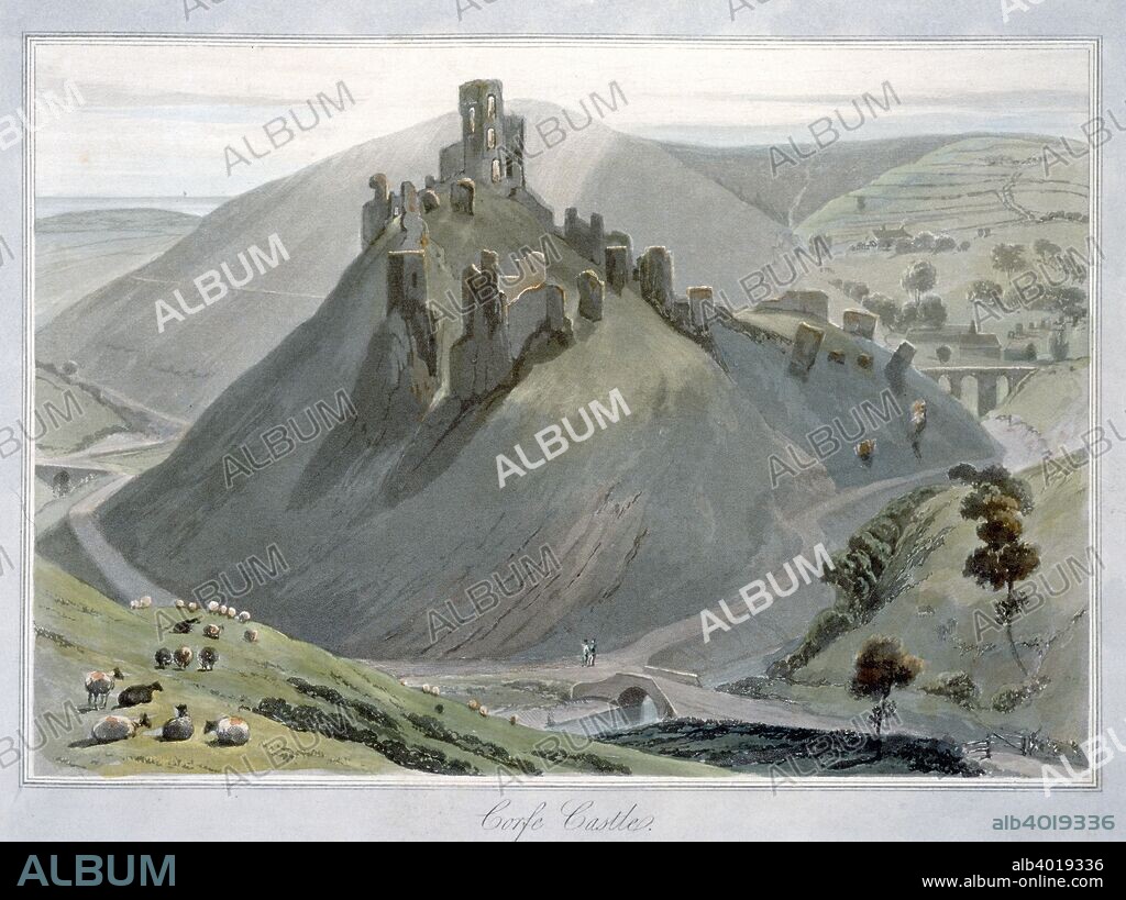 'Corfe Castle', Dorset, 1813. View of the ruins of the hilltop castle, destroyed by Parliamentarian forces in 1646 after its resistance to their siege during the English Civil War. The oldest parts of the ruins date from the 11th century, although there is evidence of earlier fortification predating the Norman Conquest. The castle was a royal fortress until it was sold during the reign of Elizabeth I. From A Voyage Around Great Britain Undertaken between the Years 1814 and 1825 by William Daniell.