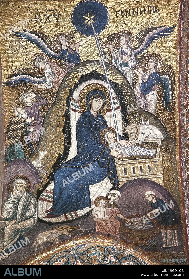 Nativity, Byzantine mosaic work, Church of La Martorana, Palermo, Sicily. Italy, 12th century.