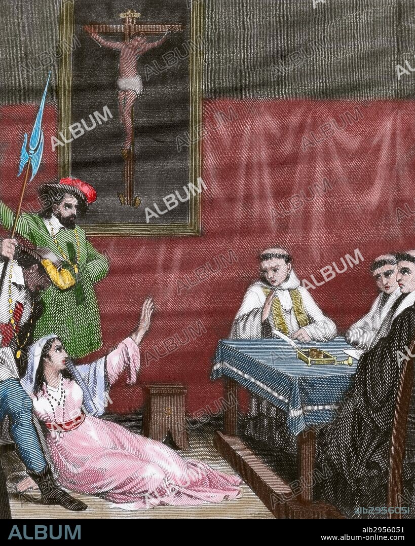 INQUISICIÓN. Establecimiento del Santo Oficio en Flandes, en los siglos XVI-XVII. Grabado coloreado del siglo XIX.