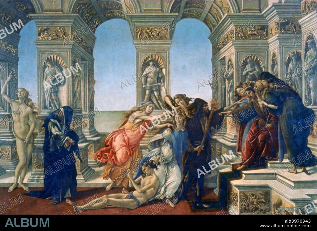 'Calumny of Apelles', 1497-1498. Found in the collection of the Galleria degli Uffizi, Florence, Italy.