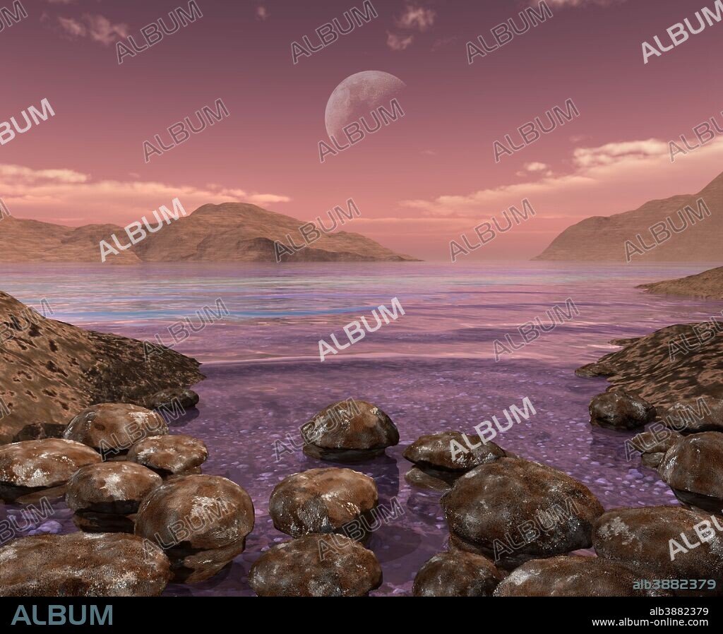 Dome-shaped stromatolites, averaging three feet high and four feet wide, populate the shallow shore of an ancient sea 3 billion years ago. The Moon looms near the horizon, much closer to the Earth than it is now and therefore appearing considerably larger, but otherwise looking much like the moon we know today.. . 3 billion years ago the first macro evidence of life on Earth may have appeared in the form of large aggregations of microorganisms and associated sediments known as stromatolites. Cyanobacteria, also known as blue-green algae, were likely one of the primary contributors to these aggregations. During the Archean Eon the Earth's atmosphere contained very little oxygen. Cyanobacteria would have thrived during this time as they employ photosynthesis to combine water, carbon dioxide, and sunlight to create their food, while the byproducts of this process are oxygen and calcium carbonate. . . Billions of years of photosynthetic processes by cyanobacteria and other living organisms are likely the primary source of the oxygen we breathe. They also provided the oxygen that forms the protective ozone layer, filtering the shorter wavelengths of ultraviolet light from the Sun that are harmful to most forms of life.. . Varieties of stromatolites still flourish to this day with well-known formations in parts of Australia, Brazil, and the Bahamas.
