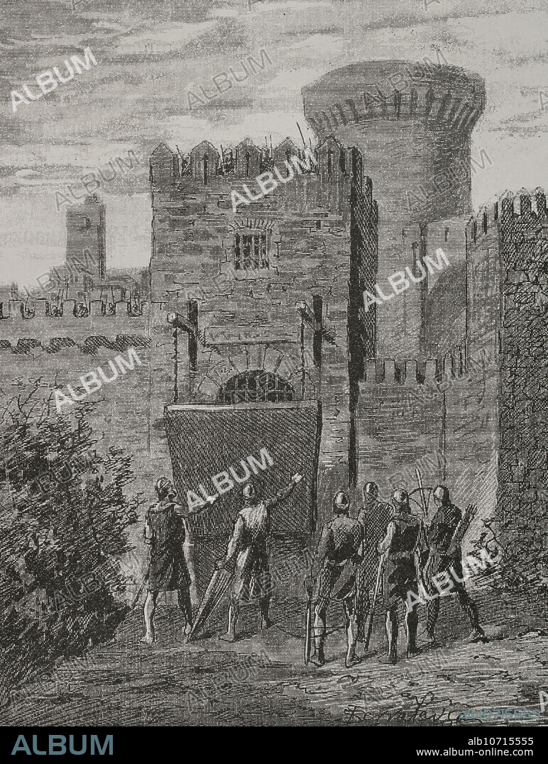 JOAN SERRA PAUSAS (ACTIVE 1861-1902). Grande Jacquerie (28 de mayo al 10 de agosto de 1358). Revuelta campesina en el norte de Francia. Carlos II de Navarra (1332-1387), conocido también como Carlos II de Evreux o Carlos el Malo. Rey de Navarra (1349-1387). Llamado por Esteban Marcel (Etienne Marcel) (1302/10-1359), Carlos II se presenta ante París. Entrada de Carlos II en París el 14 de junio de 1358. Establecido en Saint Denis, fue nombrado capitán de París por aclamación. Grabado por Serra Pausas. "Glorias Españolas". Tomo II. Publicada en Barcelona, 1890.