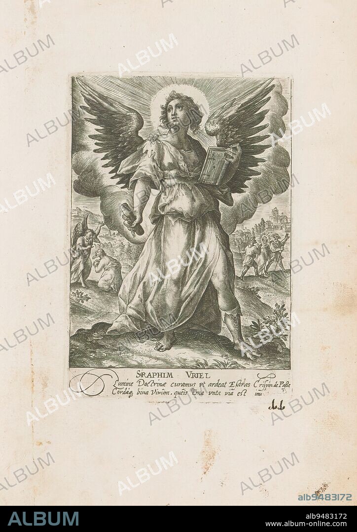 Archangel Uriel, Seraphim Uriel (title on object), Archangels and other angels (series title), Deus Pater ex quo Omnia Angeli (series title on object), Archangel Uriel with book and quiver or rolled up paper. palm branch and banner. On the left in the background, Uriel rebukes the priest Ezra. Right in the background the two disciples meeting Christ on their way to Emmaus. Part of a series of twelve depictions of archangels and other angels in this album. Part of an album of mainly Christian depictions., print maker: Crispijn van de Passe (I), after own design by: Crispijn van de Passe (I), (mentioned on object), publisher: Gerard Valck, 1585 - 1637 and/or 1670 - 1726, paper, engraving, height 145 mm × width 102 mm, height 298 mm × width 182 mm.