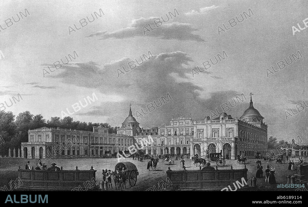 FERNANDO BRAMBILA. VISTA DE LA FACHADA PRINCIPAL DEL REAL PALACIO DE ARANJUEZ - GRABADO SIGLO XIX.
