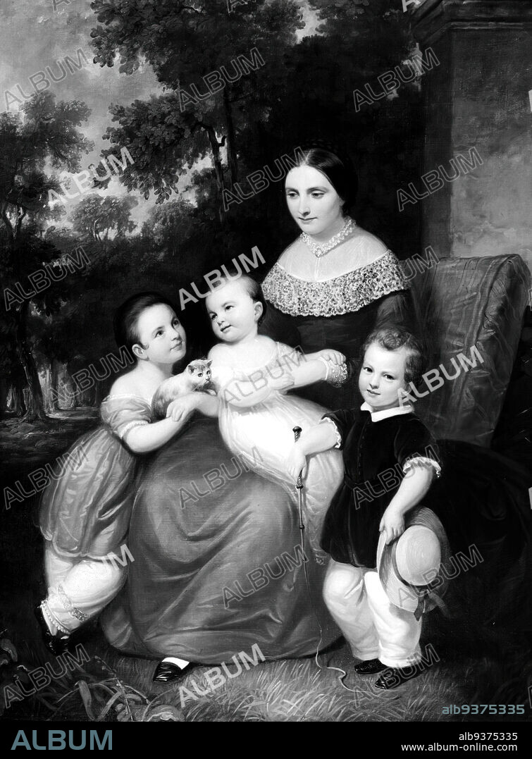 Ellen Almira Low and Her Three Children, Daniel Huntington, American, 1816-1906, Oil on canvas, 1847, 64 x 53 15/16 in., 162.5 x 137 cm, 1847, baby, cat, children, Ellen Almira Low and Her Three Children, family, grass, hat, kitten, lace, mother, oil on canvas, painting, portrait, seated, trees, whip.