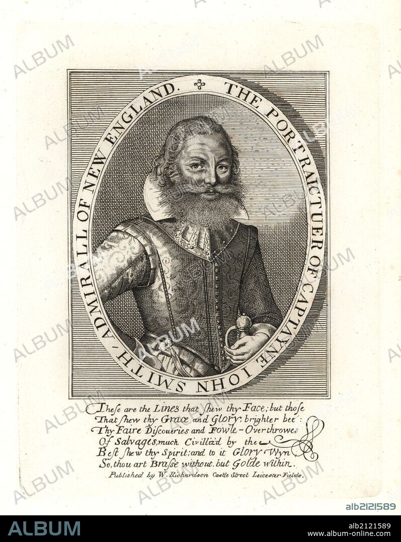 Captain John Smith, Admiral and Governor of Virginia, died 1632. From a scarce print by S. Pass prefixed to his "History of Virginia." Copperplate engraving from Richardson's "Portraits illustrating Granger's Biographical History of England," London, 1792–1812. Published by William Richardson, printseller, London. James Granger (1723–1776) was an English clergyman, biographer, and print collector.