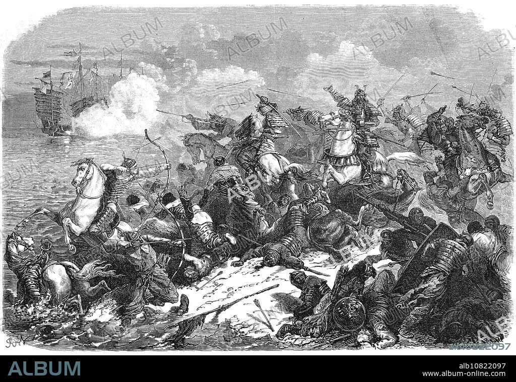 [ 1860s Japan - Mongol Invasions of 1274 and 1281 ] Samurai fighting the Mongols. In 1274 and 1281, Mongolian emperor Kublai Khan tried to conquer the Japanese islands twice, but failed. Published in the French publication Le Tour du Monde, in 1866 (Keio 2). The illustration accompanied an article about Japan by Swiss diplomat M. Aimé Humbert who lived in Japan in 1863-1864. 19th century vintage newspaper illustration.