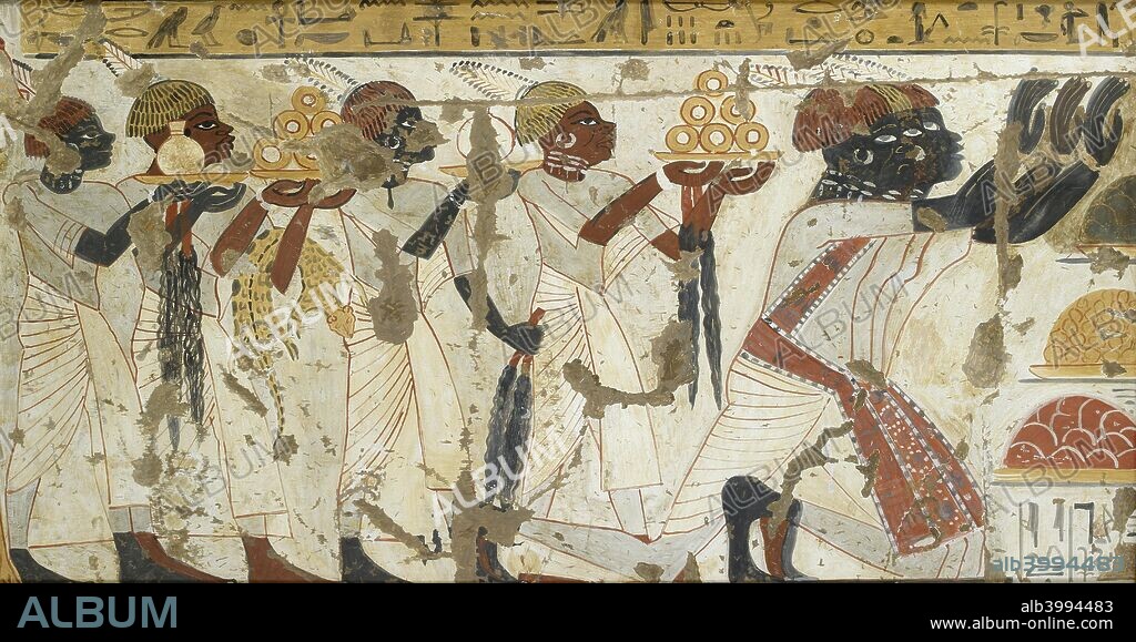 Copy of wall painting from private tomb 40 of Huy, Thebes (I,1, 75-78), Nubians with tribute, 20th century. Framed.