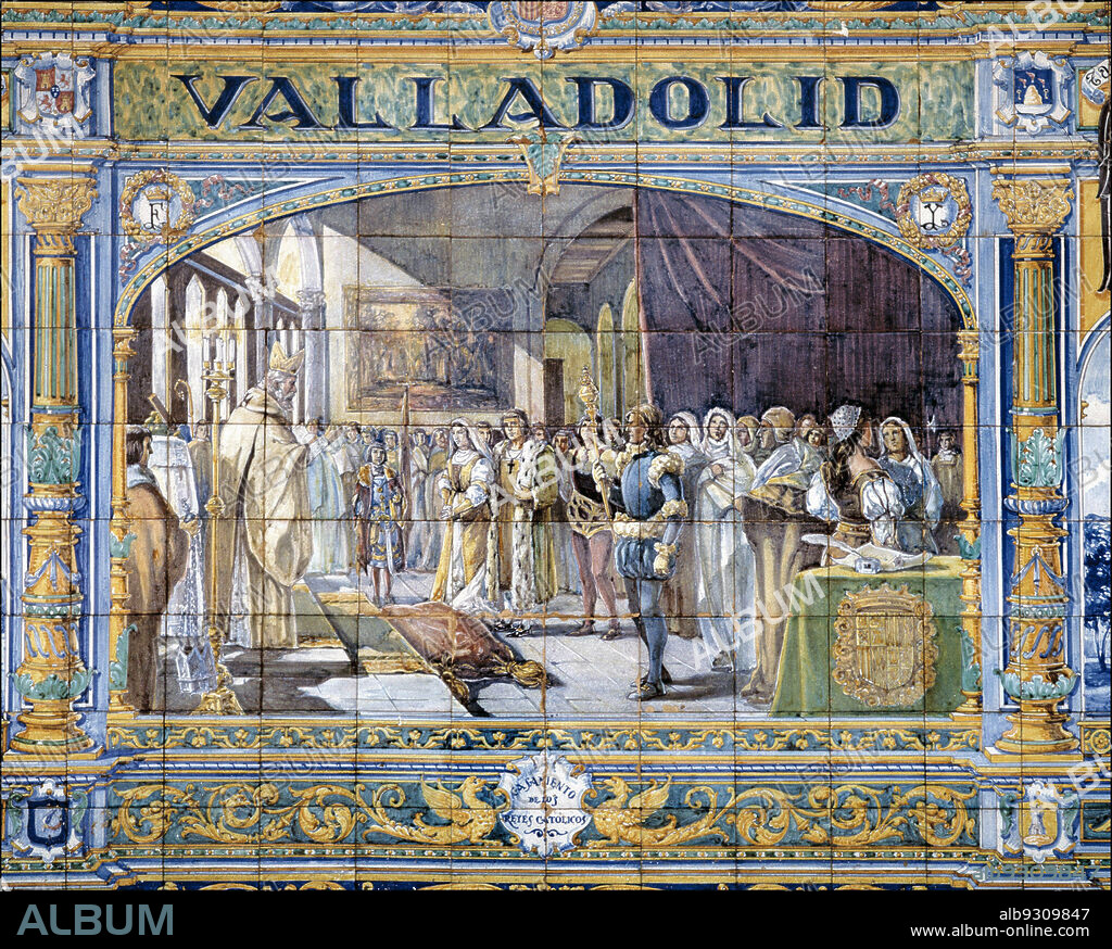 REYES CATOLICOS. FERNANDO II DE ARAGON (1452 -1516)E ISABEL I DE CASTILLA (1451-1504). " BODA DE LOS REYES CATOLICOS EN EL PALACIO DE LOS VIVEROS DE VALLADOLID ,1469 ". AZULEJO EN LA PLAZA DE ESPAÑA DE SEVILLA.