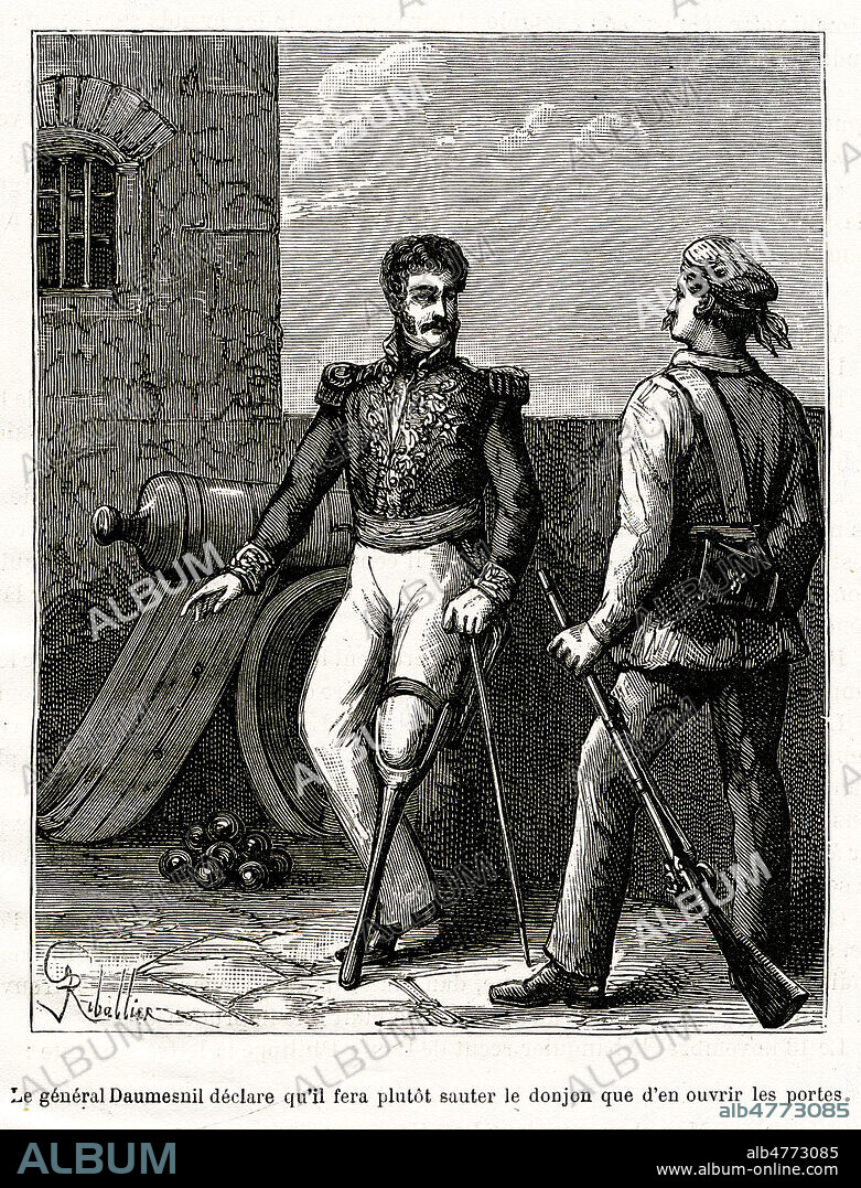Le general DAUMESNIL (1777-1832) declare aux troupes alliees qu'il fera plutot sauter le donjon du fort de Vincennes que d'en ouvrir les portes 'Quand vous me rendrez ma jambe, jevous rendrais ma place'. Illustration de 1881 par Henri RIBALLIER (19 s.) pour Histoire du Palais-Royal et de ses galeries par Jules BEAUJOINT (1830-1892). Credit : Collection Jonas/Kharbine-Tapabor.