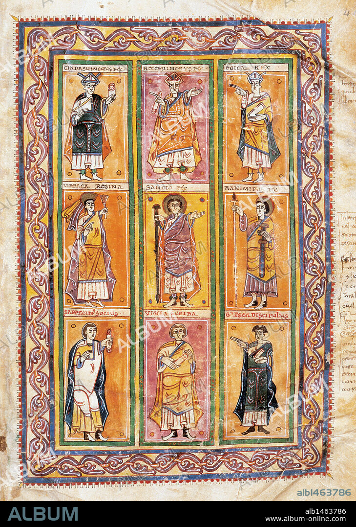 Mozarabic art. 10th century. Codex Vigilanus or Albeldensis, (976). The nine portraits. Page showing three visigothic kings, three kings of Navarre and three scribes of the codex. Library of the Monastery of San Lorenzo de El Escorial. Spain.