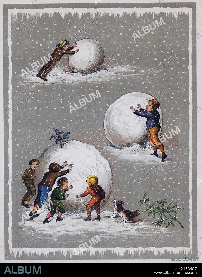 Children making a giant snowball. Illustration c1890. (Photo by: Universal History Archive/UIG via Getty Images).