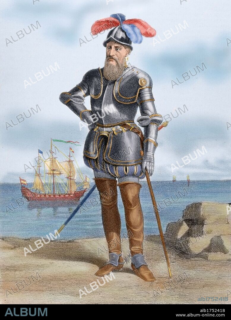 PIZARRO, Francisco (1478-1541). Conquistador español Grabado coloreado del s. XIX.