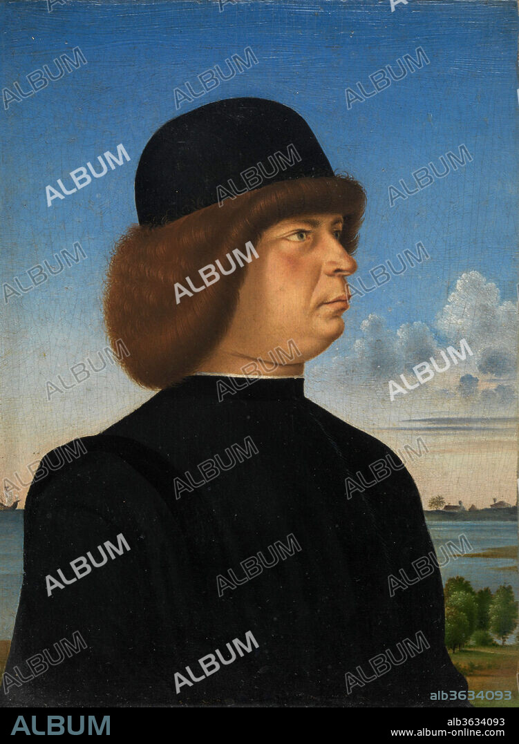 Portrait of Alvise Contarini(?); (verso) A Tethered Roebuck. Artist: Jacometto (Jacometto Veneziano) (Italian, active Venice by ca. 1472-died before 1498). Dimensions: Overall 4 5/8 x 3 3/8 in. ; recto, painted surface 4 1/8 x 3 1/8 in.; verso, painted surface 4 3/8 x 3 1/8 in.. Date: ca. 1485-95.
This exquisite and enigmatic portrait and its pendant (1975.1.85) are most likely the works by the Venetian painter and illuminator Jacometto, recorded by the connoisseur Marcantonio Michiel in the collection of a Venetian patrician in 1543. Michiel, who praised them as "a most perfect work," identified the man as Alvise Contarini and the woman as a "nun of San Secondo" (a Benedictine convent in Venice). The paired portraits and the allusion to fidelity on the verso of the male effigy (a roebuck chained beneath the Greek word AIEI, meaning "forever") would normally suggest a married couple; however, her possible status as a nun makes it difficult to determine their relationship. If the garment is a habit, which seems doubtful given her bare shoulders, she may have led a secular life as a nun or entered the convent as a widow. The portrait may have been commissioned platonically (such cases are known). Alternatively, the wimple-like headdress may represent an entirely secular and contemporary fashion trend. Perhaps the portraits, which probably fit together in a boxlike frame, were designed to hide their clandestine relationship.
Illustrating the influence of Netherlandish painting on Venetian portraiture, the portraits are striking for their meticulous detail, highly refined technique, and luminous, atmospheric landscape backgrounds.