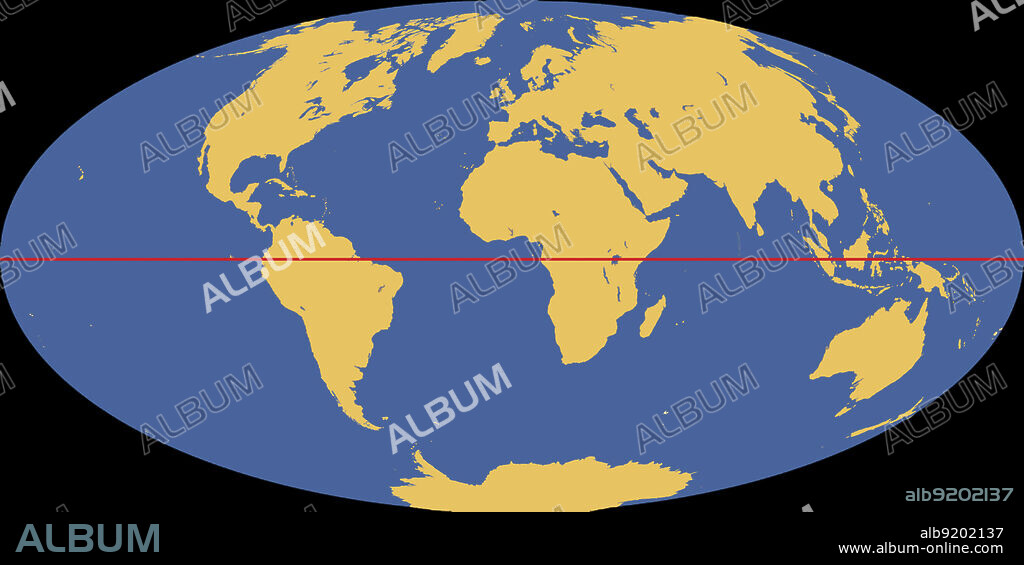 Outline of world map, showing the continents, oceans and equator (in red).