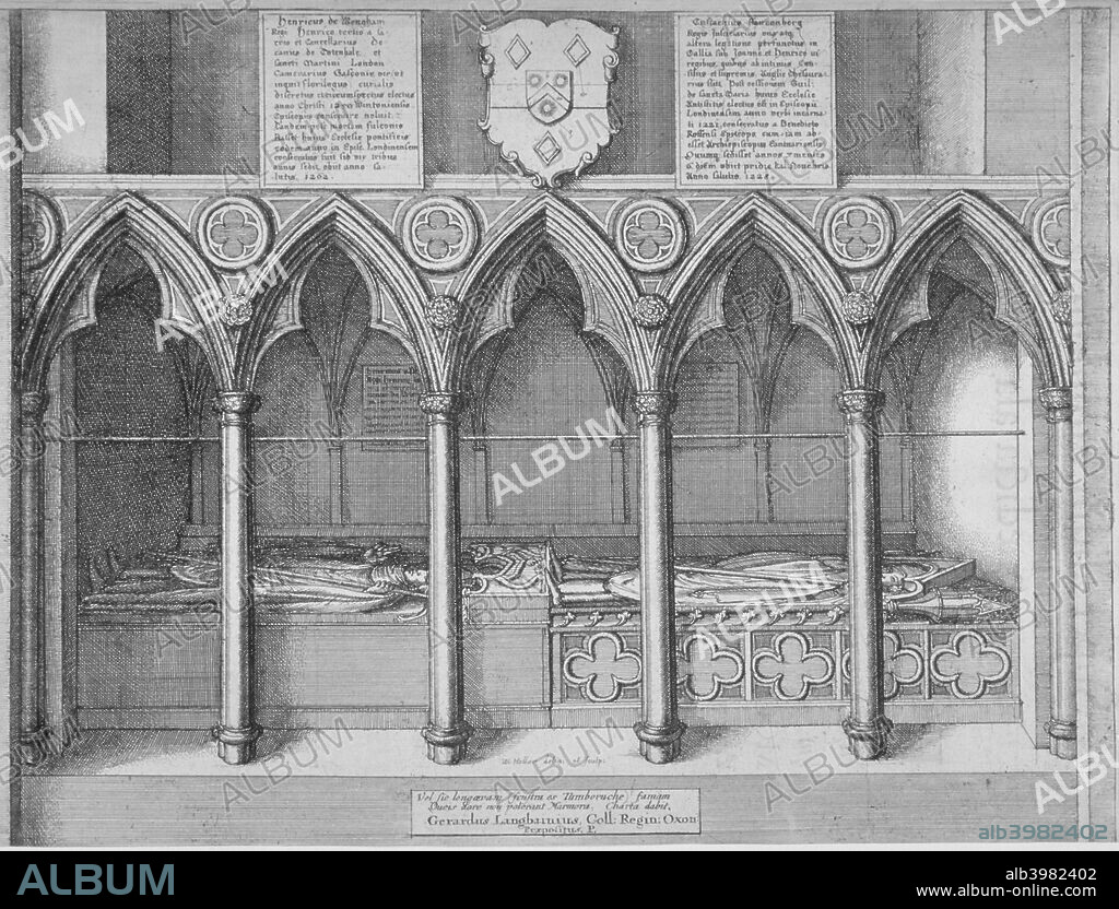 Tombs of two Bishops of London in old St Paul's Cathedral, City of London, 1656. Tombs of Eustace de Fauconberg, Bishop from 1221-1229 and Henry de Wengham, Bishop from 1260-1262. Wengham was also Lord Chancellor and Fauconberg served as Lord Treasurer.