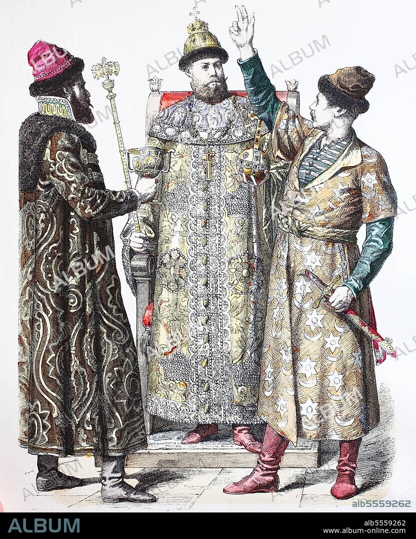 Folk traditional costume, clothing, history of costumes, boyars, tsar and other boyars, Russia, 17th century, digitally restored reproduction of a 19th century original, exact date unknown