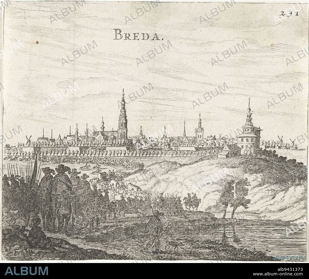 Siege of Breda, 1624-1625, anonymous, 1650 - 1664, Siege of Breda by the Spanish army under Spinola, 27 August 1624 to 5 June 1625. Profile of the city with the exodus of the State troops. Numbered 231., print maker: anonymous, Northern Netherlands, 1650 - 1664, paper, etching, engraving, h 110 mm × w 130 mm.
