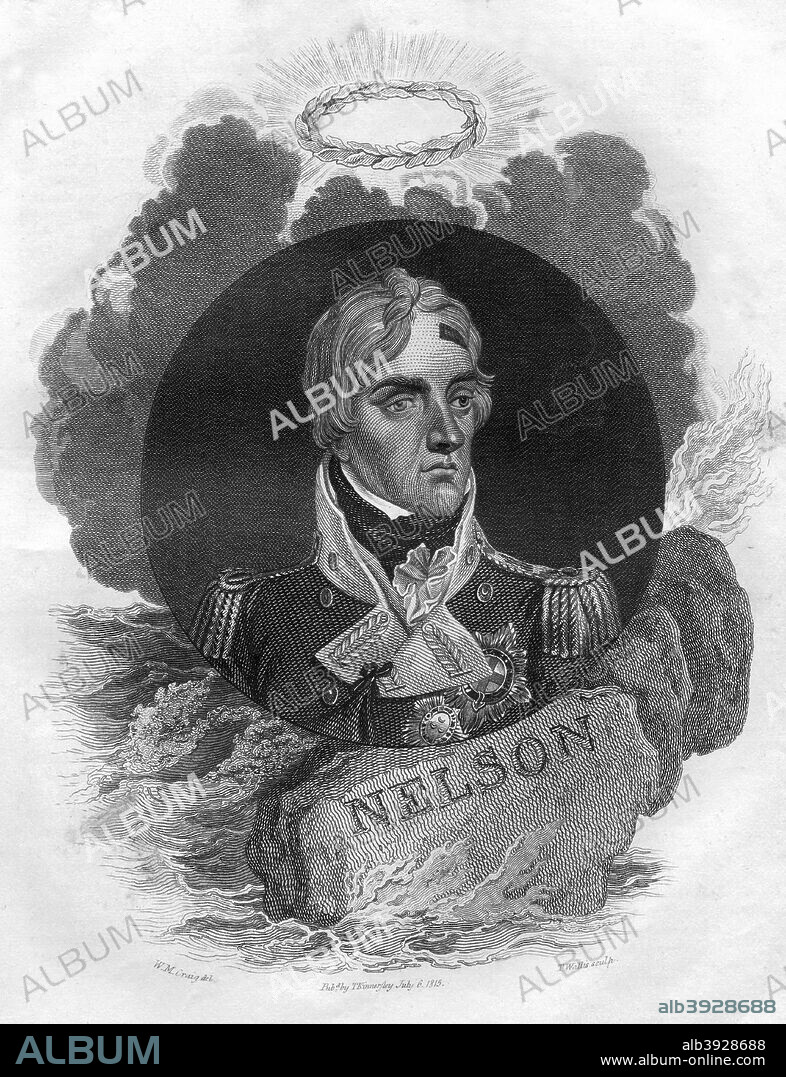 Lord Horatio Nelson (1758-1805), English naval commander, 1816. One of Britain's greatest military figures, Nelson was the victor at a number of naval battles in the Napoleonic Wars, including the Battle of the Nile (1798), Copenhagen (1801) and most famously, Trafalgar (1805) where he was fatally wounded. From The History of the War, from the Commencement of the French Revolution to the Present Time, volume I, by Hewson Clarke, published by T Kinnersley (London, 1816).