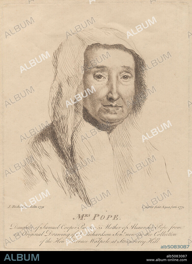 Mrs. Pope, Daughter of Samuel Cooper, Painter; & Mother of Alexander Pope, Print made by Charles Carter, 16651745, after Jonathan Richardson the Elder, 16671745, British, 1774, Etching on moderately thick, slightly textured, beige wove paper, Sheet: 9 15/16 x 7 1/2 inches (25.2 x 19 cm), Plate: 8 1/4 x 6 3/16 inches (20.9 x 15.7 cm), and Image: 5 7/8 x 5 1/8 inches (15 x 13 cm), cape, cloak, elders, gaze, hood, old, portrait, woman.
