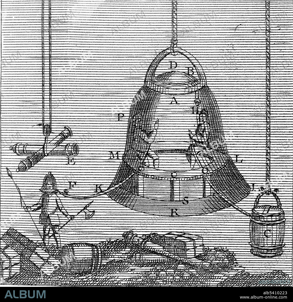 Halley's diving bell. In 1691, Dr. Edmond Halley completed plans for a diving bell capable of remaining submerged for extended periods of time, and fitted with a window for the purpose of undersea exploration. In Halley's design, atmosphere is replenished by sending weighted barrels of air down from the surface.