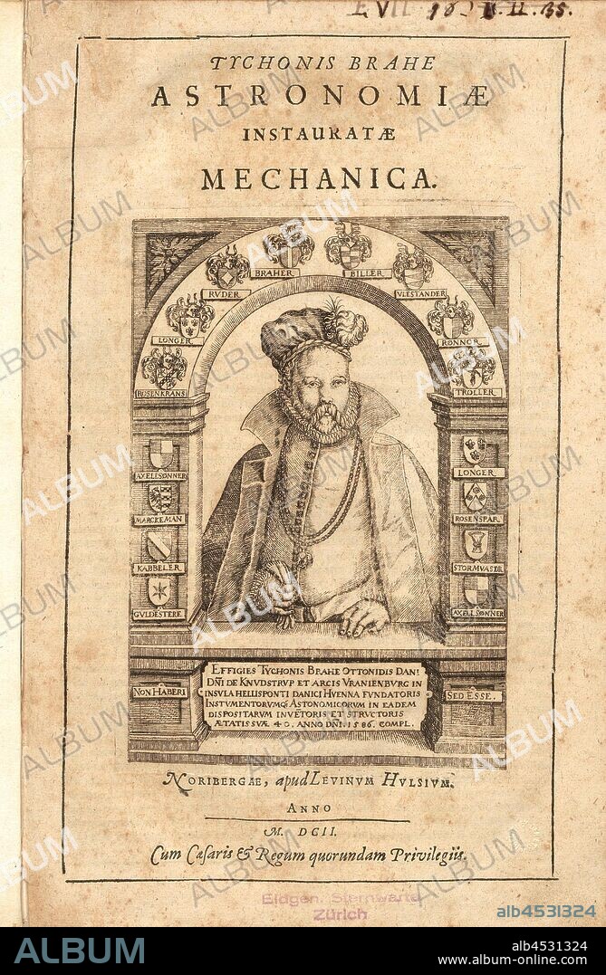 Title page for Tycho Brahes '... Astronomiæ Instauratæ Mechanica', Title page on Tycho Brahes' ... 17th Century Astronomiæ Instauratæ Mechanica, title page, 1602, Tycho Brahe: Tychonis Brahe Astronomiae instauratae mechanica. Noribergae [Nürnberg]: apud Levinum Hulsium, 1602.
